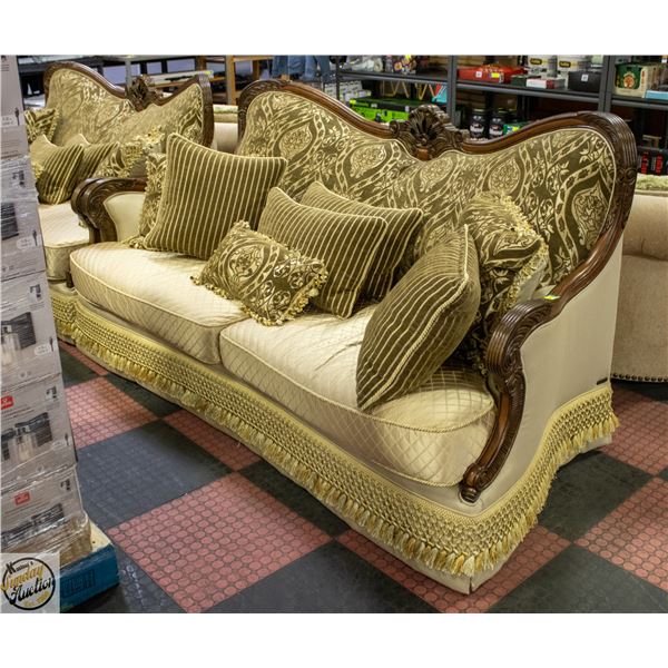 ORNATE FABRIC CARVED WOOD FRAMED SOFA WITH ACCENT