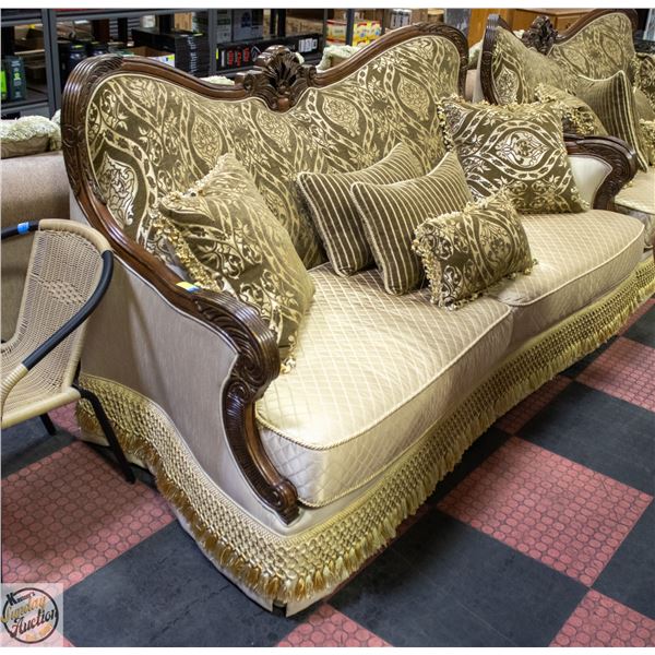 ORNATE FABRIC CARVED WOOD FRAMED SOFA WITH ACCENT