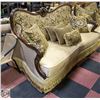 Image 1 : ORNATE FABRIC CARVED WOOD FRAMED SOFA WITH ACCENT