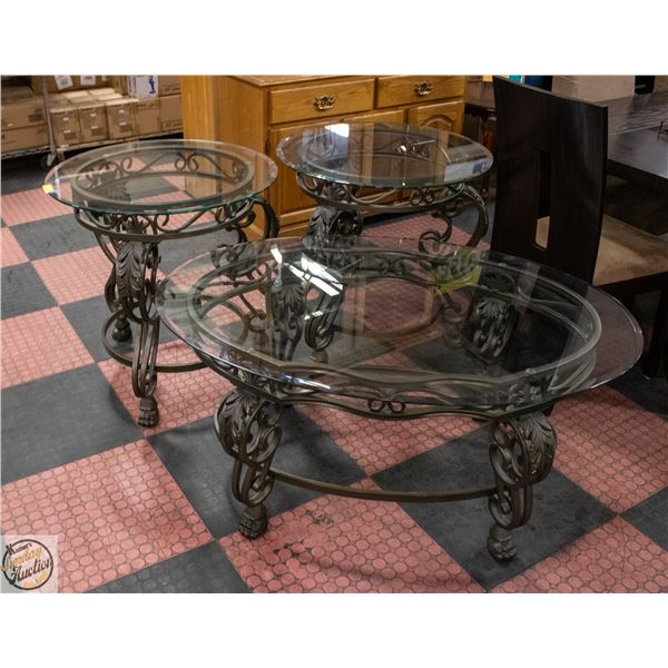 3PC GLASS TOP SIDE TABLES + COFFEE TABLE W. METAL