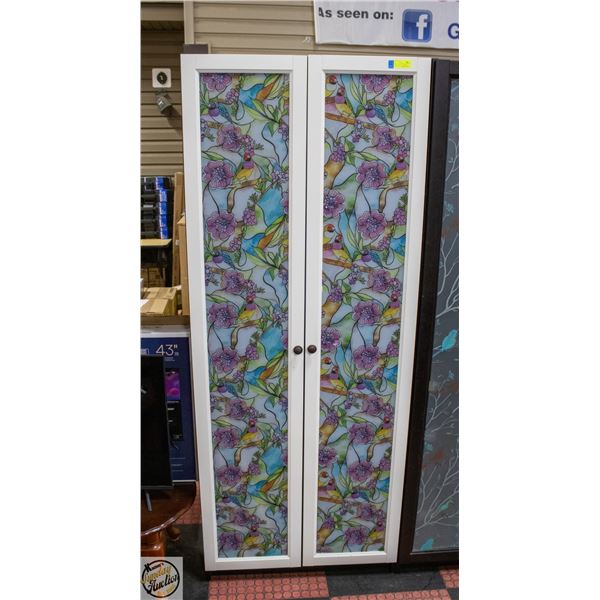 TALL CLOSED CABINET W/"STAINED GLASS" ART COVERING