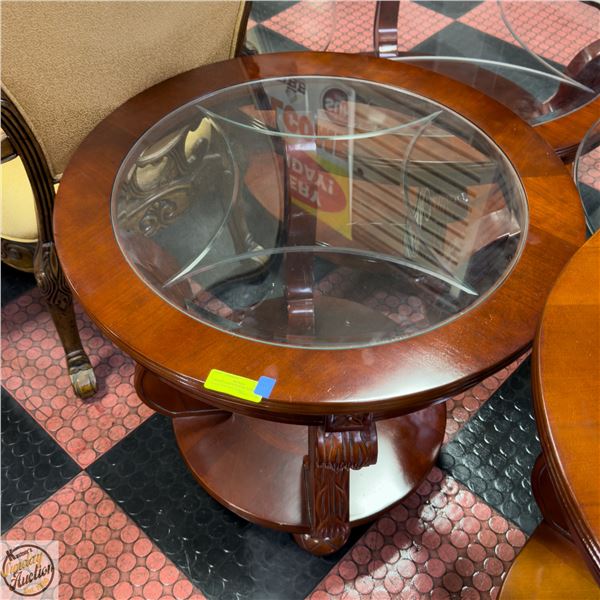 CHERRY FINISH ROUND WOOD GLASS TOP SIDE TABLE