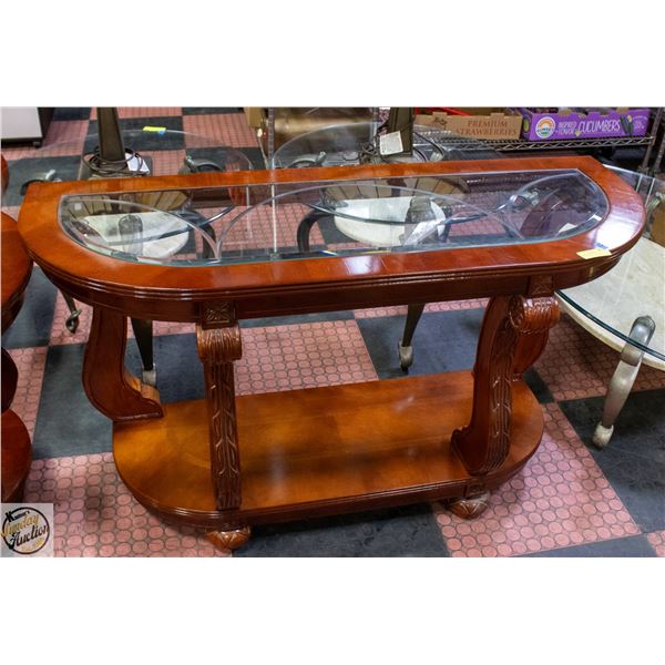 CHERRY FINISH WOOD CONSOLE TABLE WITH GLASS TOP