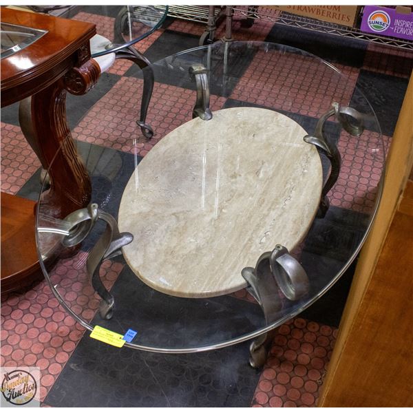 OVAL GLASS TOP COFFEE TABLE WITH MARBLE STORAGE