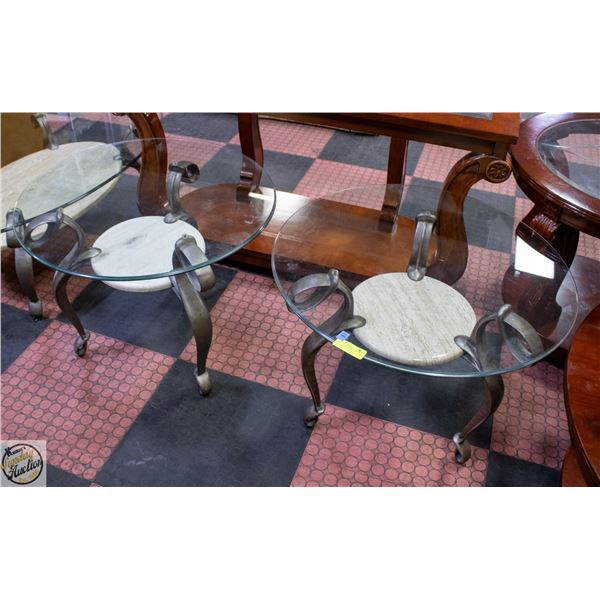PAIR OF ROUND GLASS TOP SIDE TABLES WITH MARBLE