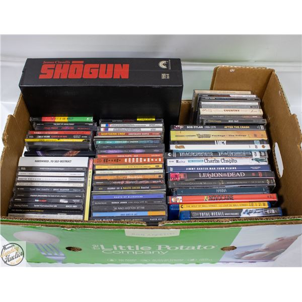 BOX OF CDS AND DVDS