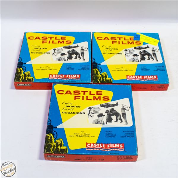 3 CASTLE FILMS 8- 16 MM FILMS IN BOXES