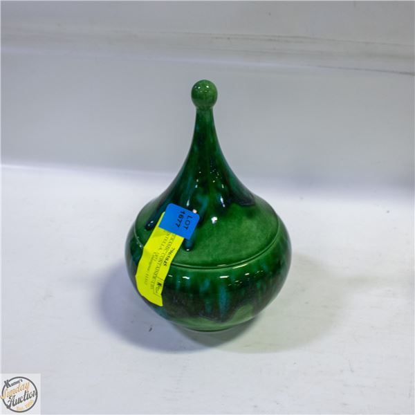 GREEN CERAMIC CONTAINER+LID, SIGNED ESTELLA, 1971