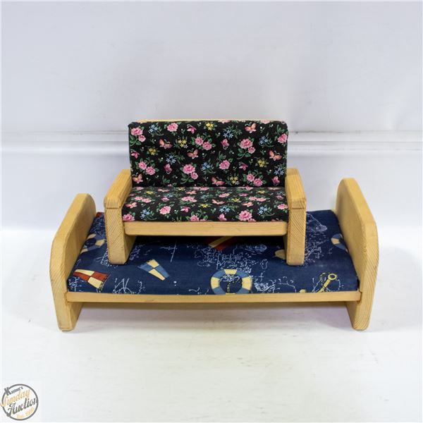 HANDMADE WOODEN+CUSHIONED BARBIE/DOLL BED +