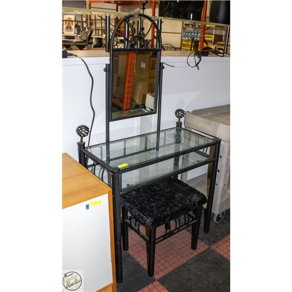 LARGE GLASS TOP VANITY WITH MIRROR AND STOOL