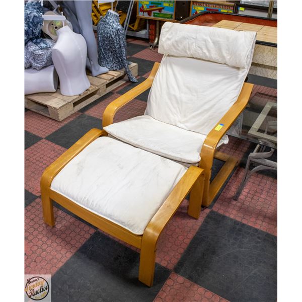WHITE LAY BACK WOOD CHAIR WITH OTTOMAN