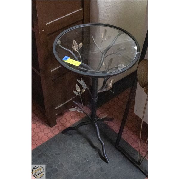 AGED BRONZE BIRD AND BRANCHES TRIPOD SIDE GLASS