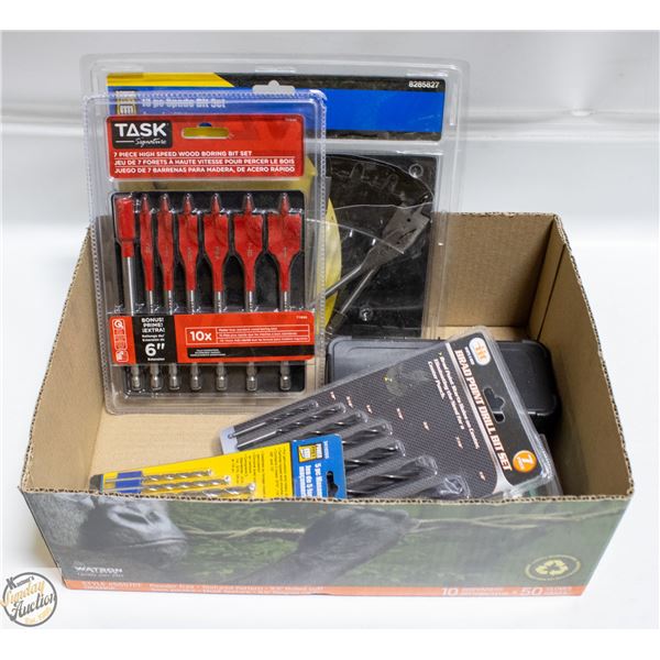 BOX W/ NEW DRILL BIT SETS AND ROUTER BITS