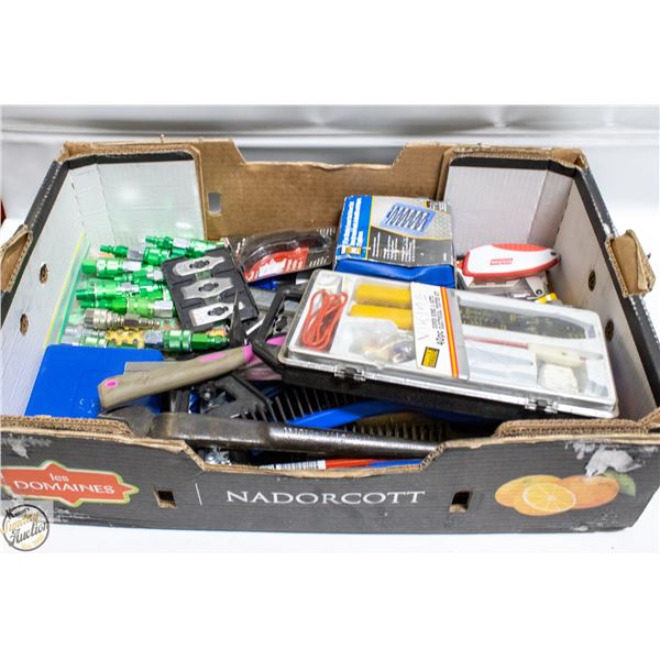 BOX W/ VARIOUS TOOLS AND AIR CONNECTORS
