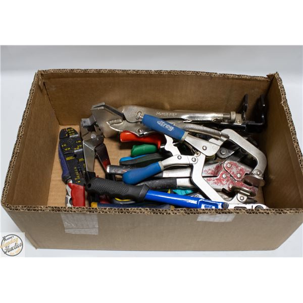 BOX W/ CUTTERS, PLIERS AND CLAMP PLIERS
