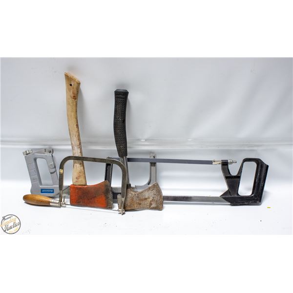 LOT OF CUTTING SAWS AND AXES