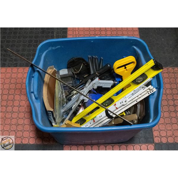 BLUE TOTE OF TOOLS AND HARDWARE (UNTESTED)