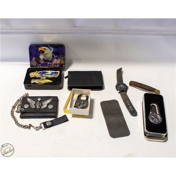 BOX OF 2 KNIVES 3 WATCHES 2 WAJETS