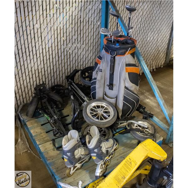 PALLET OF SPORTS EQUIPMENT INCLUDES GOLF AND