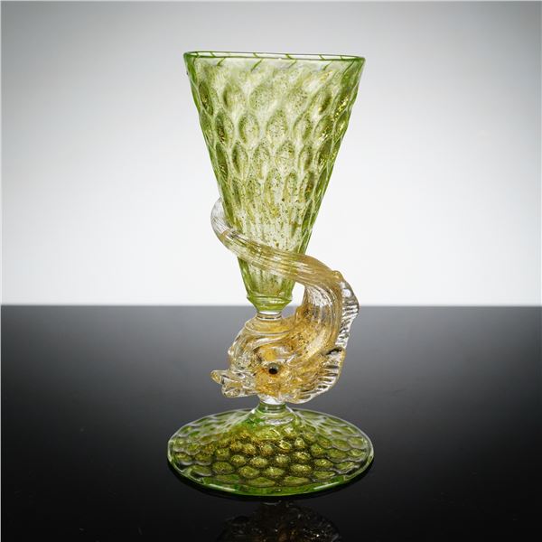 Venetian Green Glass Sherry Goblet with Gold Aventurine Dolphin Stem