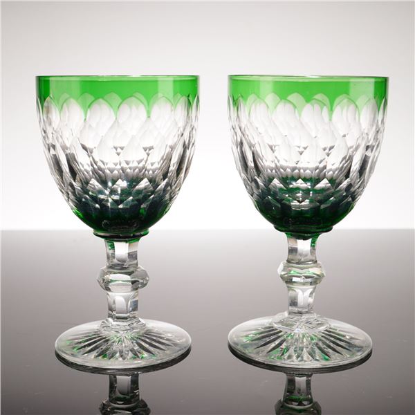 2pc Emerald Green Cut-to-Clear Crystal Wine Goblets
