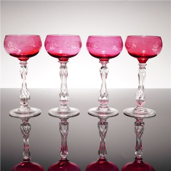 4pc St Louis Micado Etched Cranberry and Clear Crystal Wine Glasses