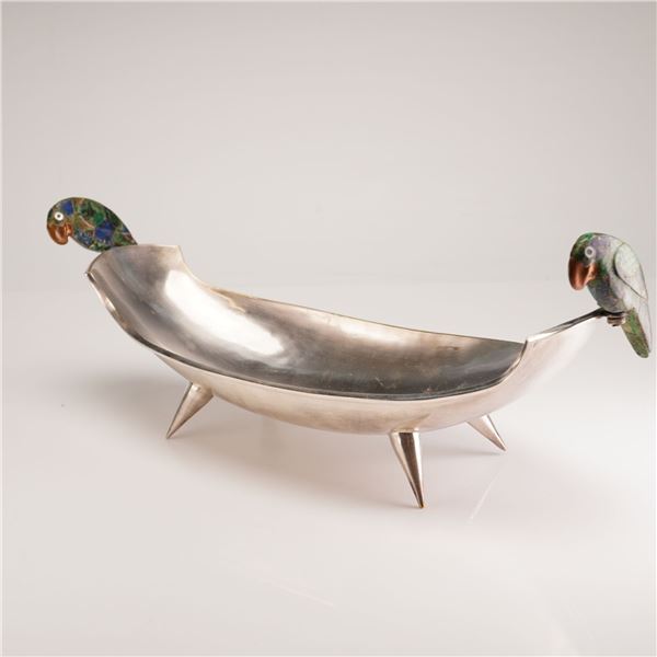 Los Castillo of Taxco Silver Plated Bowl with Carved Stone Parrot Handles