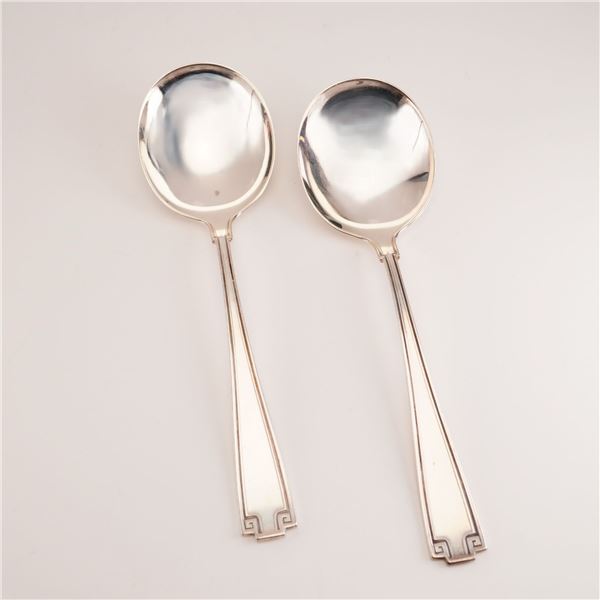 2pc Gorham Sterling Silver Round Soup Spoons, Etruscan