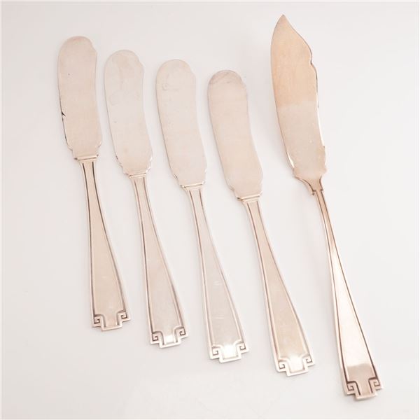 5pc Gorham Sterling Silver Flat Handle Butter Spreaders and Master Butter Knife, Etruscan