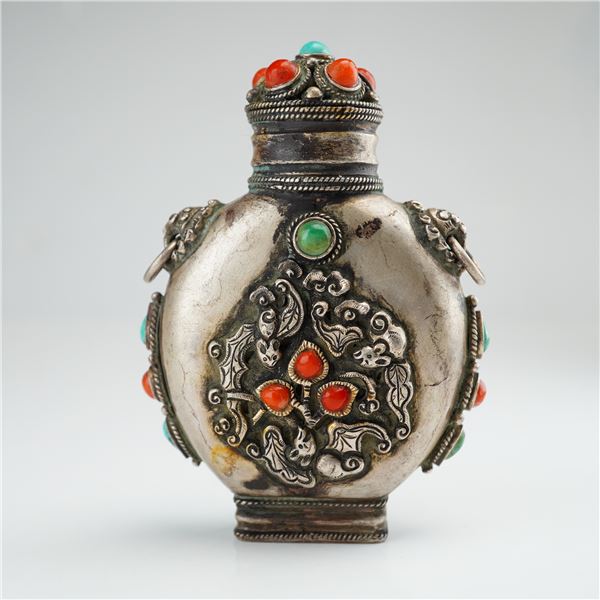 Mongolian Silver Repousse Snuff Bottle, Bats and Peaches