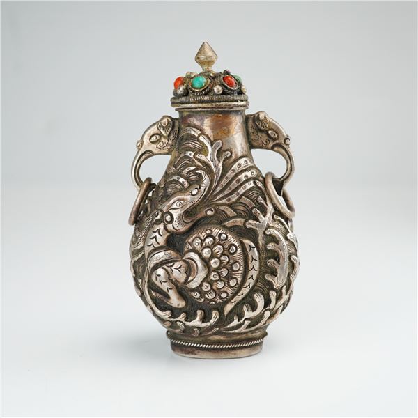 Mongolian Silver Repousse Snuff Bottle, Sea Creature and Waves