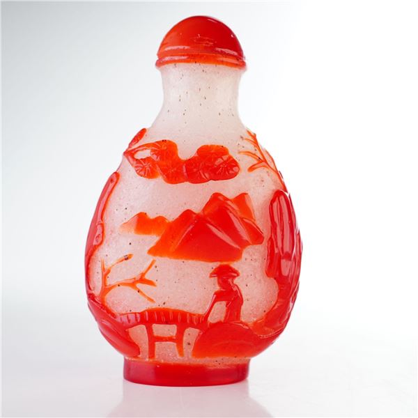 Peking Glass Overlay Snuff Bottle, Red Overlay Landscape with Figures