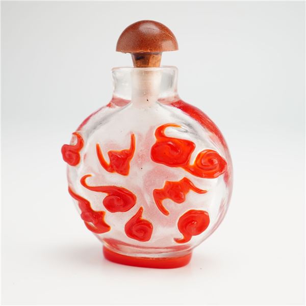 Peking Glass Snuff Bottle, Red Overlay Bats, Coin, and Lingzhi
