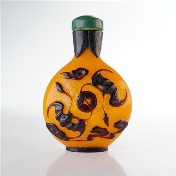 Peking Glass Snuff Bottle, Yellow with Black Overlay Bats and Coin