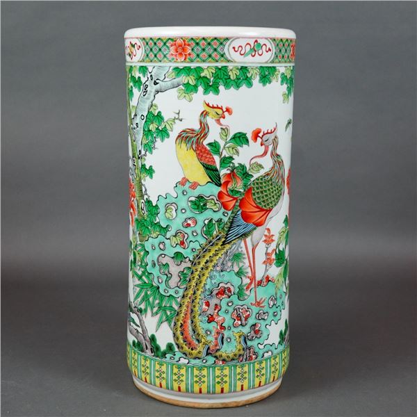 Chinese Polychrome Ceramic Umbrella Stand with Phoenix and Peony Decoration