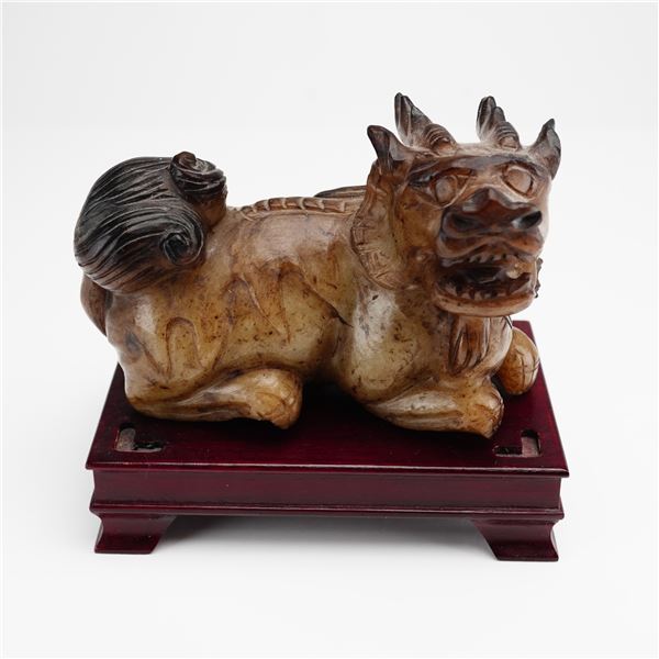 Chinese Carved Stone Foo Dog on Wooden Base