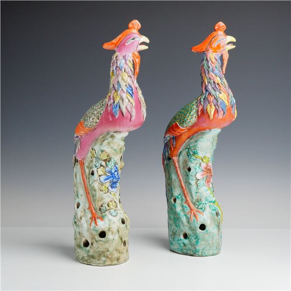 2pc Chinese Style Polychrome Porcelain Phoenix Sculptures