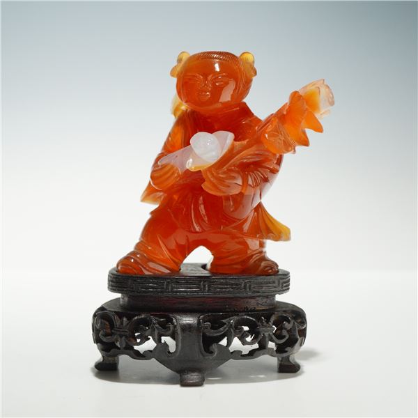 Chinese Carved Carnelian Agate Figurine of a Boy with Stand