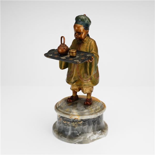 Cold-Painted Bronze Figurine of a Chinese Attendant on Onyx Base