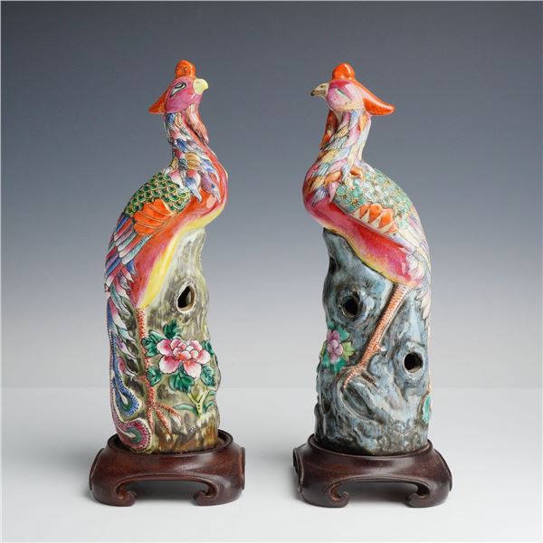 2pc Chinese Export Famille Rose Porcelain Phoenix Figurines