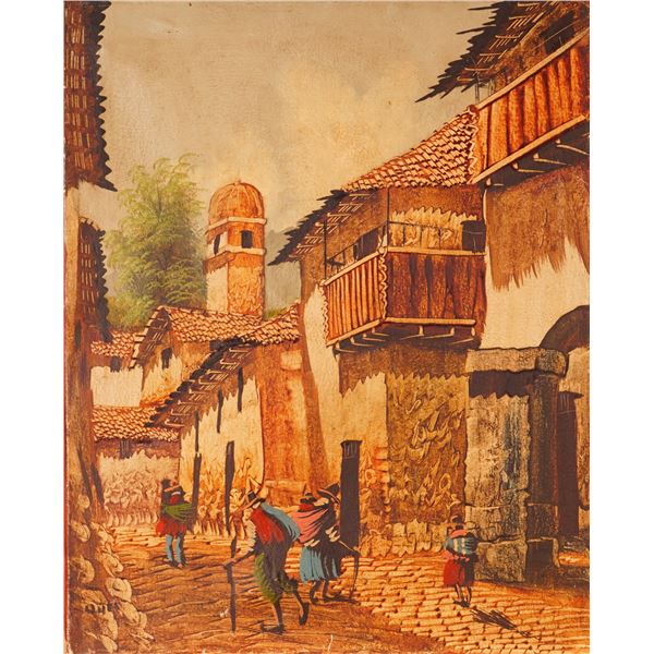 Oil on Canvas Painting, Andean Village Street Scene, Signed