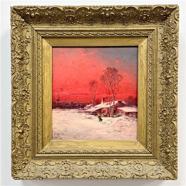 George Washington Nicholson (American, 1832-1912), Winter Landscape with Red Sky, Oil on Panel, 1893