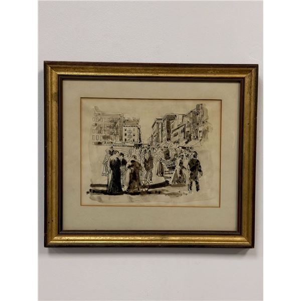 Late 19th Century Urban Market Scene, Graphite and Ink Wash on Paper