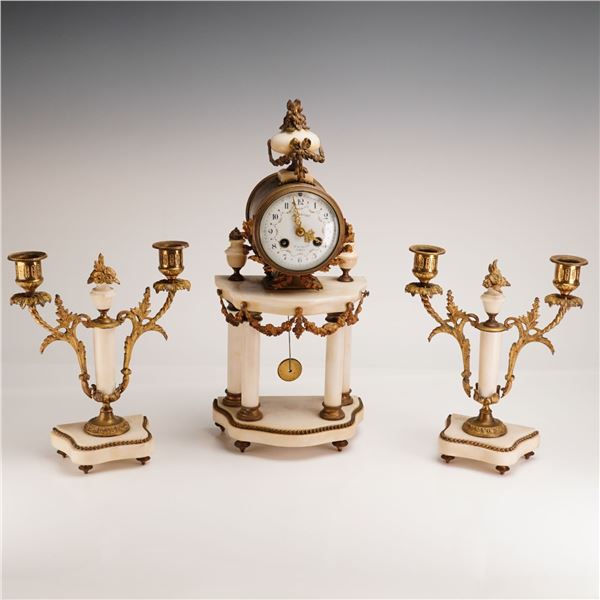 3pc French Louis XVI-Style Mantel Clock and Candelabras Garniture Set
