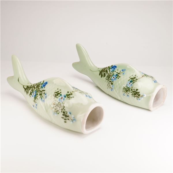 2pc Ceramic Fish-Form Wall Pockets with Floral Motif