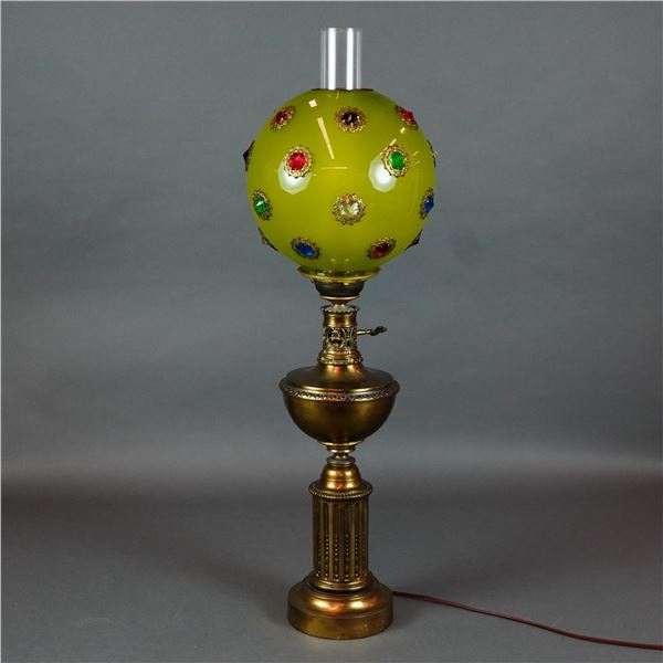 Antique Victorian Electrified Banquet Lamp with Jeweled Glass Shade and Metal Base