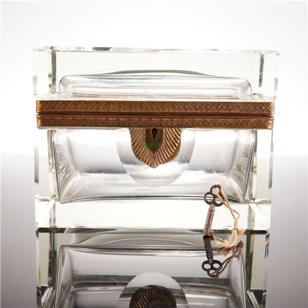 French Ormolu-Mounted Clear Crystal Jewelry Casket with Key