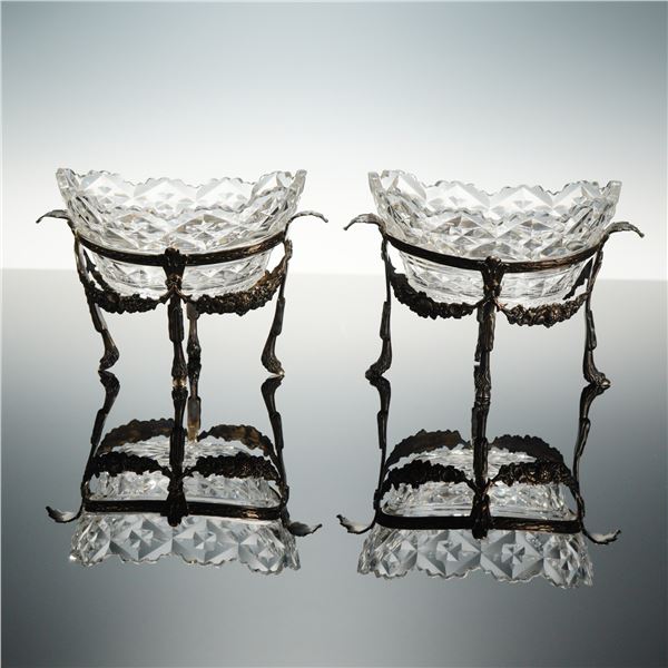2pc Cut Glass Oval Baskets with Sterling Silver Stands