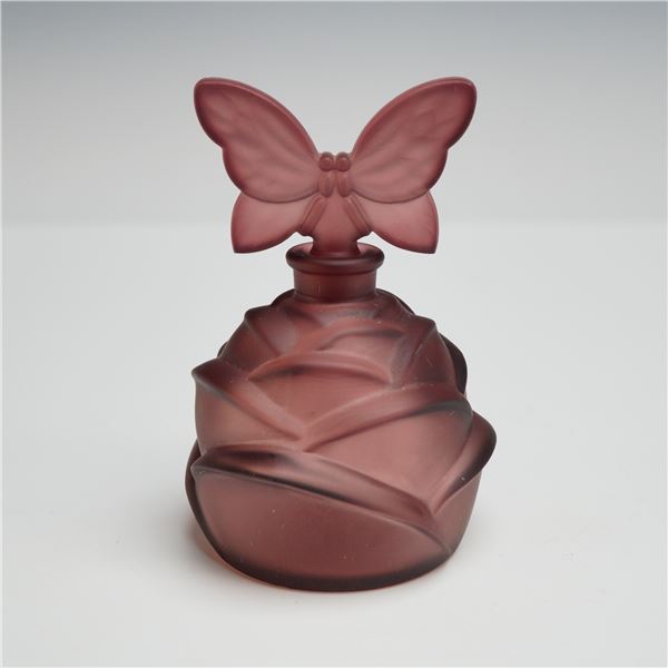 French Art Deco Frosted Glass Rosebud Perfume Bottle with Butterfly Stopper