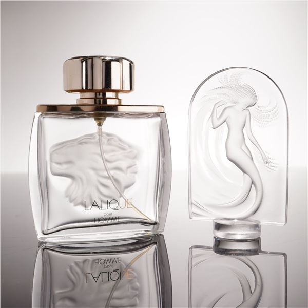2pc Lalique Crystal Pour Homme Perfume Bottle and Naiade Paperweight